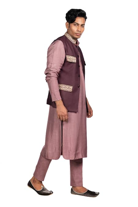 Debarun_Purple Satin, Handloom , Tussar Floral Bundi And Kurta Set _Online_at_Aza_Fashions