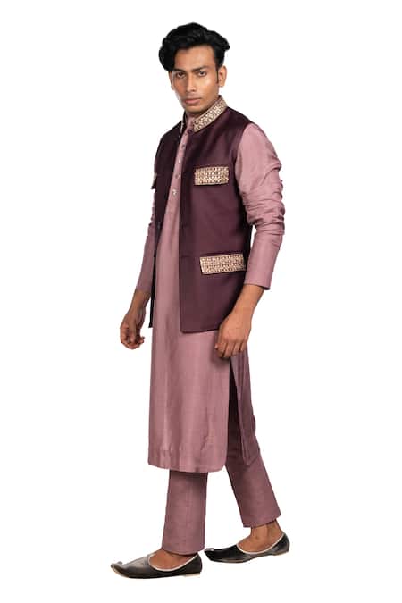 Buy_Debarun_Purple Satin, Handloom , Tussar Floral Bundi And Kurta Set _Online_at_Aza_Fashions