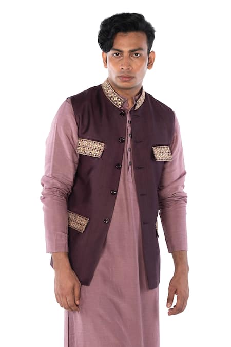 Shop_Debarun_Purple Satin, Handloom , Tussar Floral Bundi And Kurta Set _Online_at_Aza_Fashions