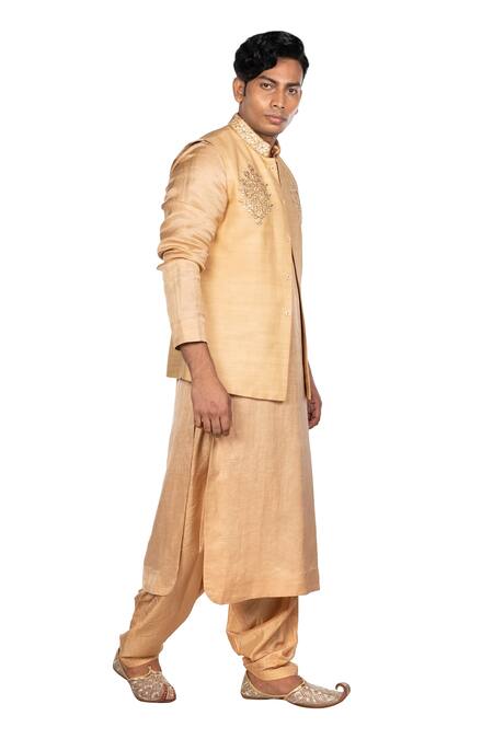 Debarun_Beige Chanderi, Cotton Tussar, Dola Silk Floral Bundi And Kurta Set _Online_at_Aza_Fashions