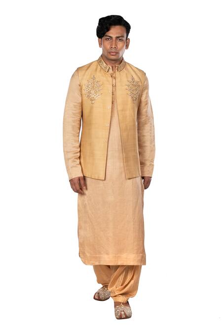 Buy_Debarun_Beige Chanderi, Cotton Tussar, Dola Silk Floral Bundi And Kurta Set _Online_at_Aza_Fashions