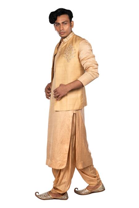 Shop_Debarun_Beige Chanderi, Cotton Tussar, Dola Silk Floral Bundi And Kurta Set _Online_at_Aza_Fashions