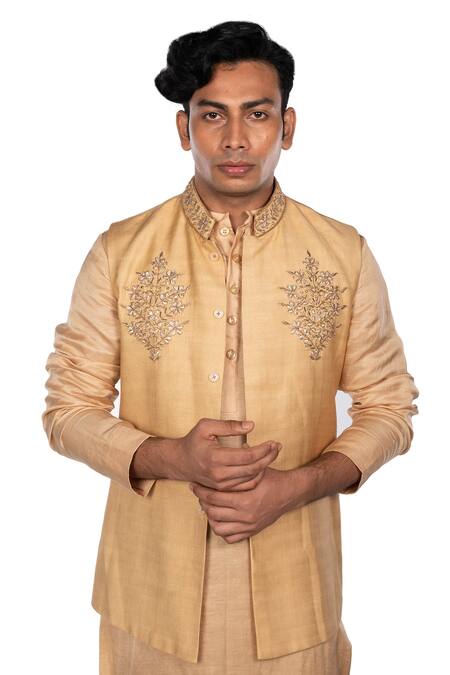 Debarun_Beige Chanderi, Cotton Tussar, Dola Silk Floral Bundi And Kurta Set _at_Aza_Fashions