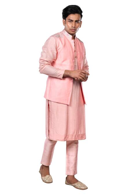 Debarun_Pink Raw , Cotton Tussar, Dola Floral Bundi And Kurta Set _Online_at_Aza_Fashions