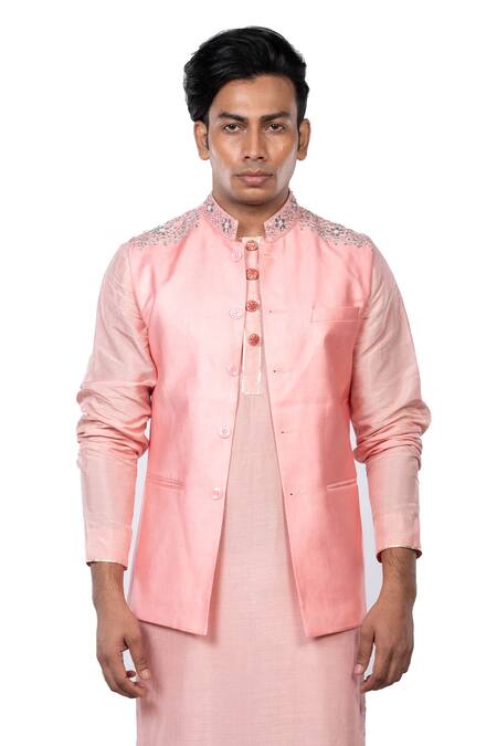 Shop_Debarun_Pink Raw , Cotton Tussar, Dola Floral Bundi And Kurta Set _Online_at_Aza_Fashions