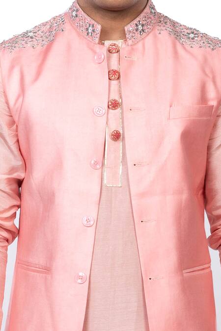 Debarun_Pink Raw , Cotton Tussar, Dola Floral Bundi And Kurta Set _at_Aza_Fashions