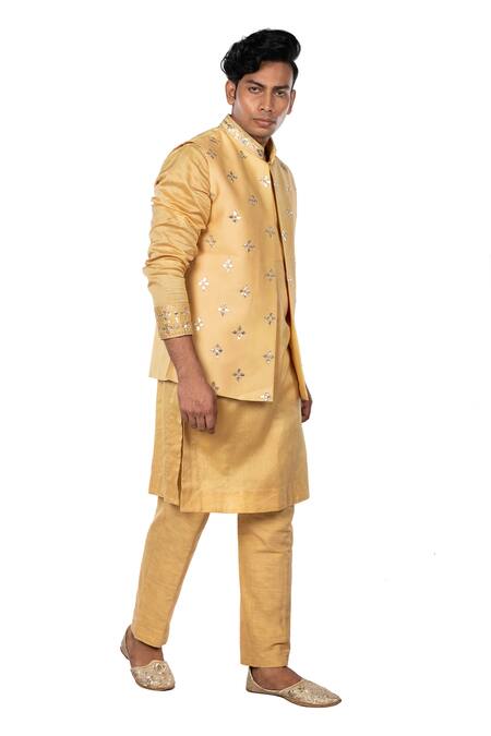 Debarun_Beige Chanderi, Handloom , Tussar Embroidered Bundi And Kurta Set _Online_at_Aza_Fashions