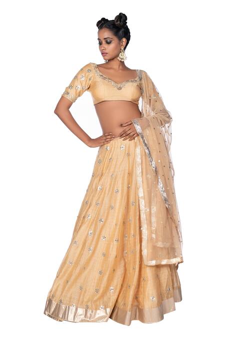 Debarun_Beige Chanderi And Net Embroidery Gota & Zardozi Leaf Neck Lehenga Set _Online_at_Aza_Fashions