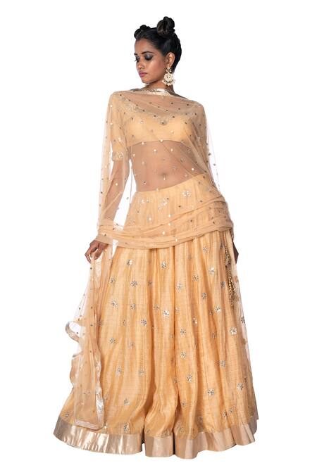 Buy_Debarun_Beige Chanderi And Net Embroidery Gota & Zardozi Leaf Neck Lehenga Set _Online_at_Aza_Fashions