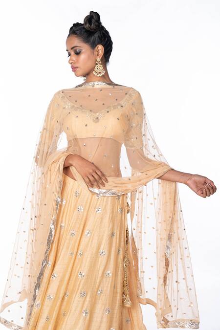 Shop_Debarun_Beige Chanderi And Net Embroidery Gota & Zardozi Leaf Neck Lehenga Set _Online_at_Aza_Fashions