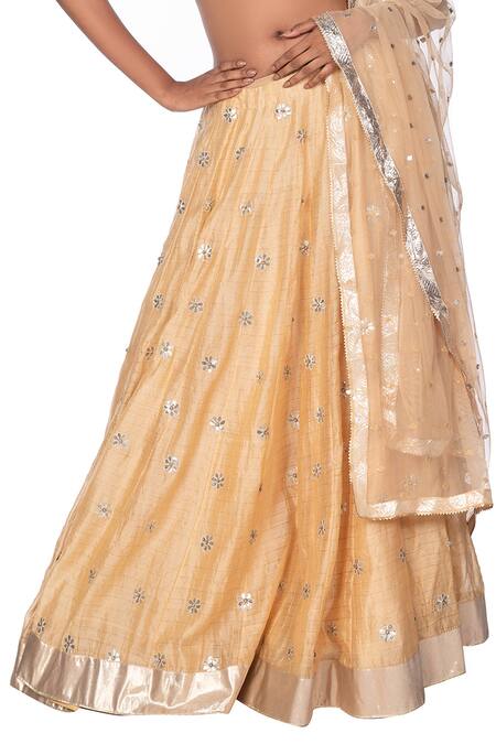Debarun_Beige Chanderi And Net Embroidery Gota & Zardozi Leaf Neck Lehenga Set _at_Aza_Fashions