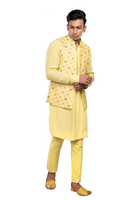 Debarun_Green Handloom , Tussar, Dola Silk Embroidered Bundi And Kurta Set _Online_at_Aza_Fashions