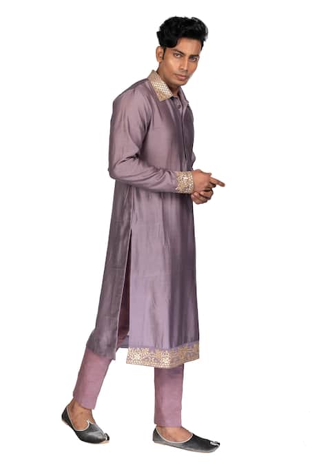 Debarun_Grey Chanderi, Handloom Cotton Gota Work Kurta Set _Online_at_Aza_Fashions