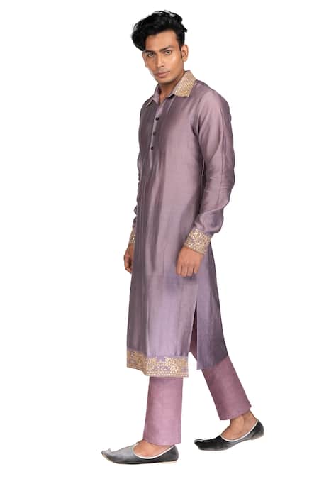 Buy_Debarun_Grey Chanderi, Handloom Cotton Gota Work Kurta Set _Online_at_Aza_Fashions