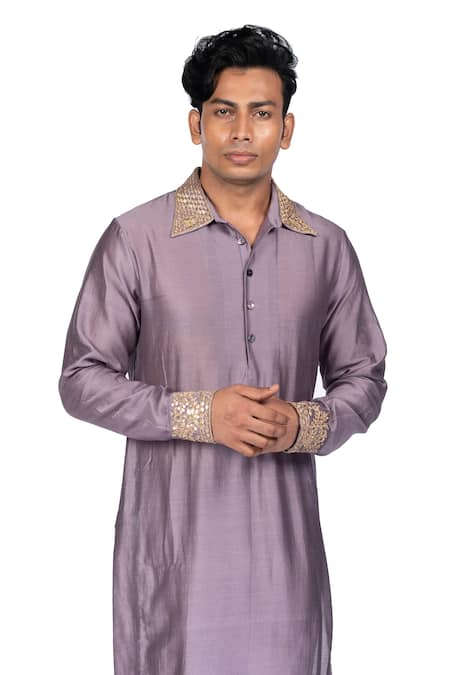Shop_Debarun_Grey Chanderi, Handloom Cotton Gota Work Kurta Set _Online_at_Aza_Fashions