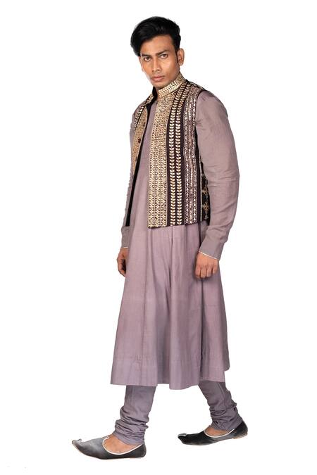 Buy_Debarun_Purple Raw , Cotton Gota Work Embroidered Bundi And Flared Kurta Set _Online_at_Aza_Fashions