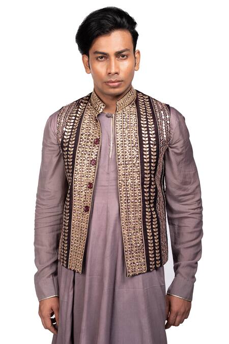 Shop_Debarun_Purple Raw , Cotton Gota Work Embroidered Bundi And Flared Kurta Set _Online_at_Aza_Fashions
