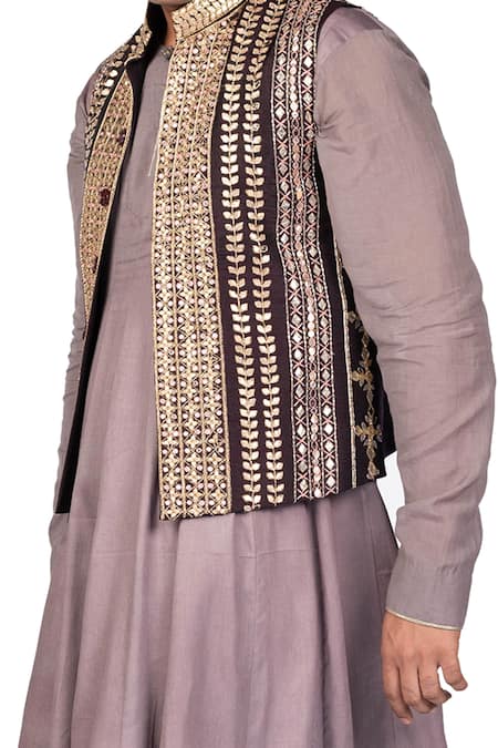Debarun_Purple Raw , Cotton Gota Work Embroidered Bundi And Flared Kurta Set _at_Aza_Fashions