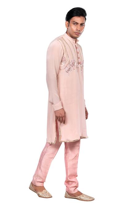 Debarun_Pink Raw Silk, Crepe Floral Embroidered Kurta Set _Online_at_Aza_Fashions