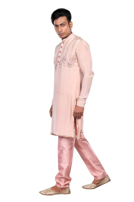 Shop_Debarun_Pink Raw Silk, Crepe Floral Embroidered Kurta Set _Online_at_Aza_Fashions