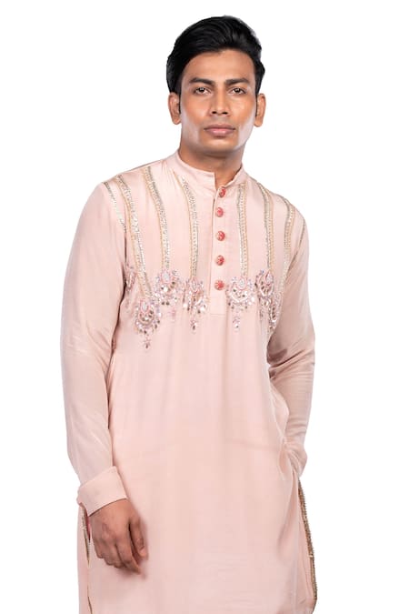 Debarun_Pink Raw Silk, Crepe Floral Embroidered Kurta Set _at_Aza_Fashions