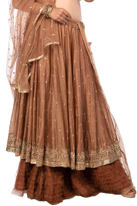 Debarun_Brown Chanderi And Net Embroidery Gota V Neck Lehenga Set _at_Aza_Fashions