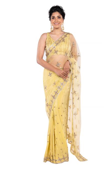 Debarun_Green Crepe And Net Embroidery Gota Leaf Neck Saree With Blouse  _Online_at_Aza_Fashions