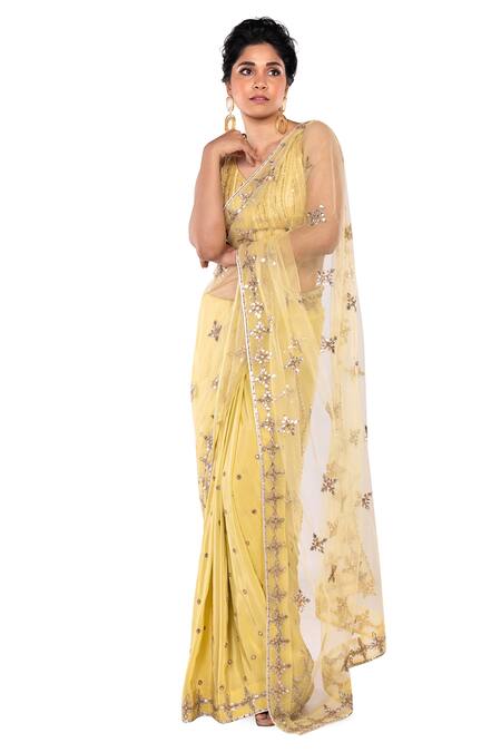 Buy_Debarun_Green Crepe And Net Embroidery Gota Leaf Neck Saree With Blouse  _Online_at_Aza_Fashions