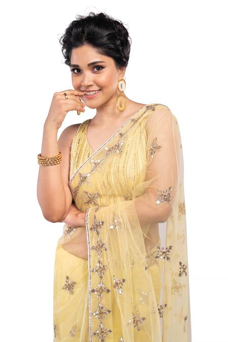 Debarun_Green Crepe And Net Embroidery Gota Leaf Neck Saree With Blouse  _at_Aza_Fashions