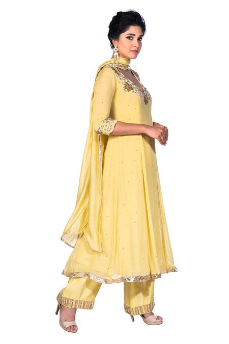 Debarun_Green Chanderi And Georgette Cutdana & Sequin, Gota, Bead V Neck Anarkali Set _Online_at_Aza_Fashions