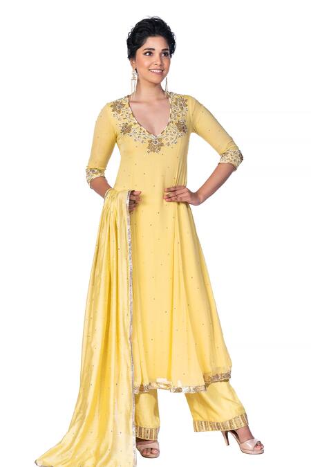 Buy_Debarun_Green Chanderi And Georgette Cutdana & Sequin, Gota, Bead V Neck Anarkali Set _Online_at_Aza_Fashions