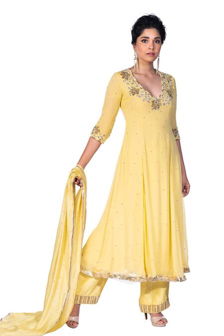 Shop_Debarun_Green Chanderi And Georgette Cutdana & Sequin, Gota, Bead V Neck Anarkali Set _Online_at_Aza_Fashions