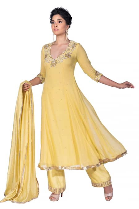 Debarun_Green Chanderi And Georgette Cutdana & Sequin, Gota, Bead V Neck Anarkali Set _at_Aza_Fashions