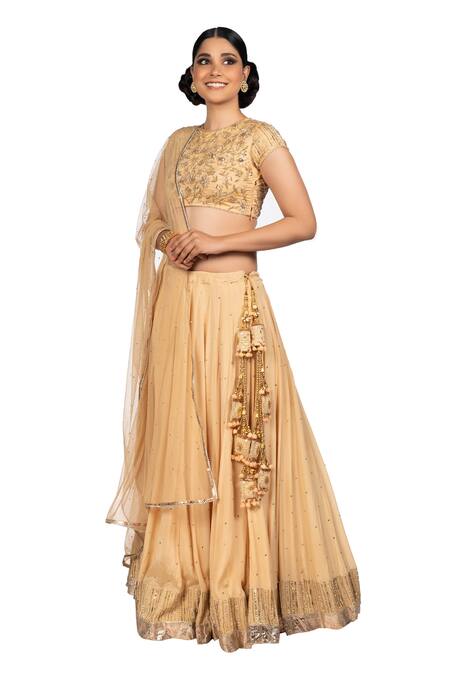 Buy_Debarun_Beige Crepe Embroidery Gota And Zardozi Round Chanderi Lehenga Set _Online_at_Aza_Fashions