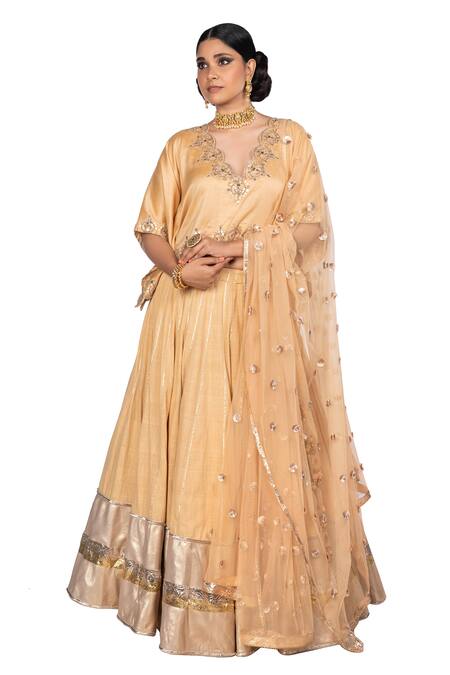Debarun_Beige Chanderi Silk And Net, Handwoven Gota & Beads V Neck Lehenga Set _Online_at_Aza_Fashions