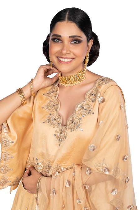 Shop_Debarun_Beige Chanderi Silk And Net, Handwoven Gota & Beads V Neck Lehenga Set _Online_at_Aza_Fashions