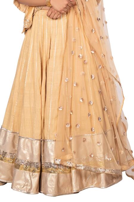 Debarun_Beige Chanderi Silk And Net, Handwoven Gota & Beads V Neck Lehenga Set _at_Aza_Fashions