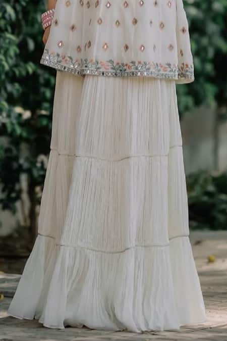 Parul Gandhi_White Crinkled Chiffon, Paper Silk Scoop Embroidered Peplum Tunic And Sharara Set _Online_at_Aza_Fashions
