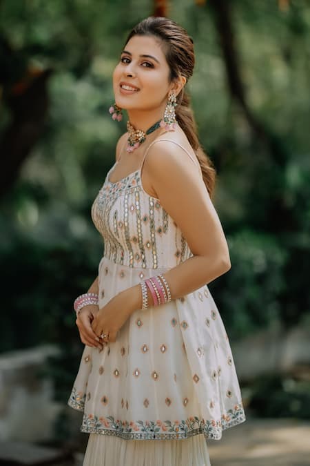 Buy_Parul Gandhi_White Crinkled Chiffon, Paper Silk Scoop Embroidered Peplum Tunic And Sharara Set _Online_at_Aza_Fashions