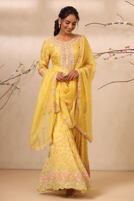 Koashee by Shubitaa Yellow Bamberg Silk Embroidered Zardozi Work Round Kurta Sharara Set 