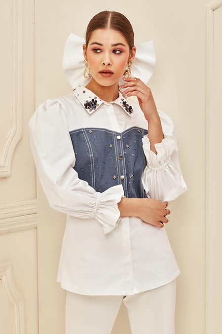 Label Deepika Nagpal White Cotton Embellished Collared Neck Denim Corset Shirt 