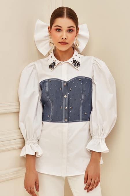 Shop Label Deepika Nagpal White Cotton, Denim Lycra Collared Neck Corset Shirt at Aza Fashions Shop_Label Deepika Nagpal_White Cotton, Denim Lycra Collared Neck Corset Shirt _at_Aza_Fashions