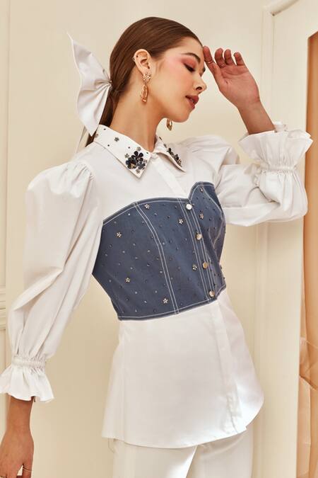 Label Deepika Nagpal White Cotton, Denim Lycra Collared Neck Corset Shirt Online at Aza Fashions Label Deepika Nagpal_White Cotton, Denim Lycra Collared Neck Corset Shirt _Online_at_Aza_Fashions