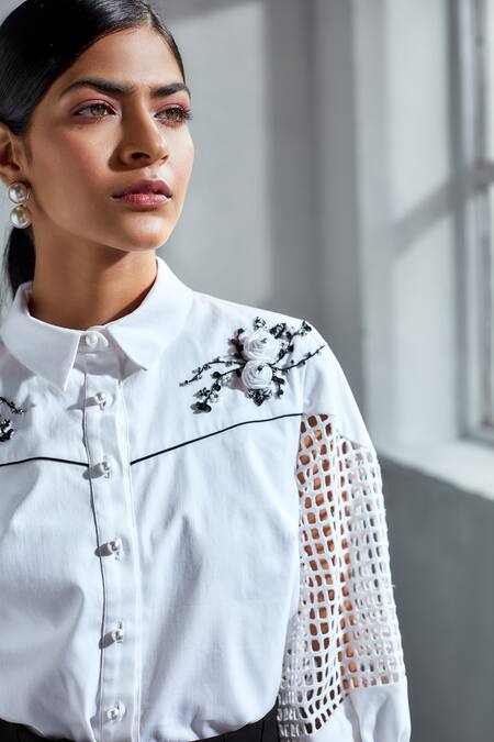 Label Deepika Nagpal_White Premium Cotton Floral Motif Collared Neck Schiffli Sleeve Shirt_Online_at_Aza_Fashions