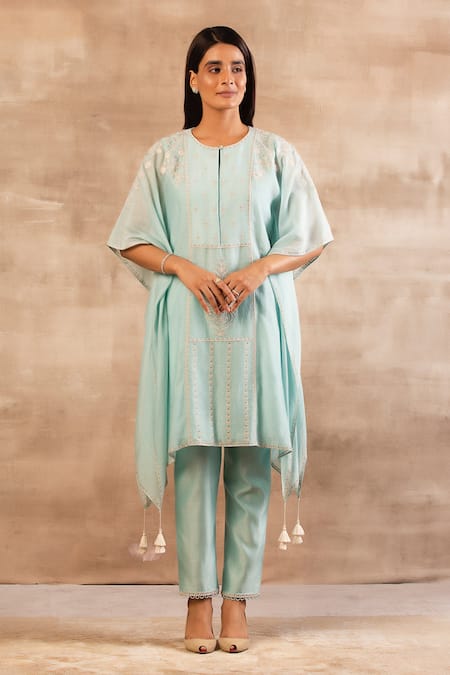 Sana Barreja Blue Chanderi Silk Round Kaftan Kurta Set