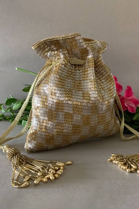 Nayaab By Sonia Gold Embroidery, Stones, Tassels, Beads Shades Of Potli Bag Online at Aza Fashions Nayaab By Sonia_Gold Embroidery, Stones, Tassels, Beads Shades Of Potli Bag _Online_at_Aza_Fashions
