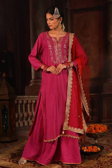 Ruh Clothing_Pink Kurta And Pant Chanderi Dupatta Net Chikankari Gharara Set _Online_at_Aza_Fashions