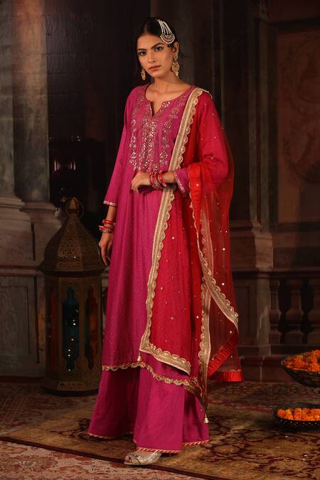 Buy_Ruh Clothing_Pink Kurta And Pant Chanderi Dupatta Net Chikankari Gharara Set _Online_at_Aza_Fashions