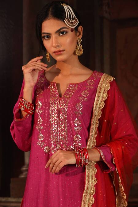 Shop_Ruh Clothing_Pink Kurta And Pant Chanderi Dupatta Net Chikankari Gharara Set _Online_at_Aza_Fashions
