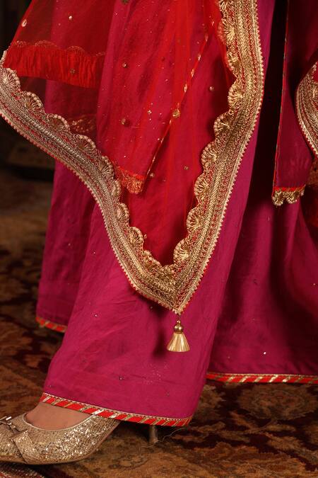 Ruh Clothing_Pink Kurta And Pant Chanderi Dupatta Net Chikankari Gharara Set _at_Aza_Fashions